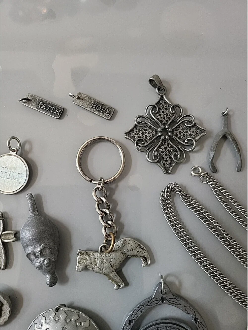 Vintage Signed Pewter Pcs Lot Of Charms Keychain Pin Chain See Up Close Pics